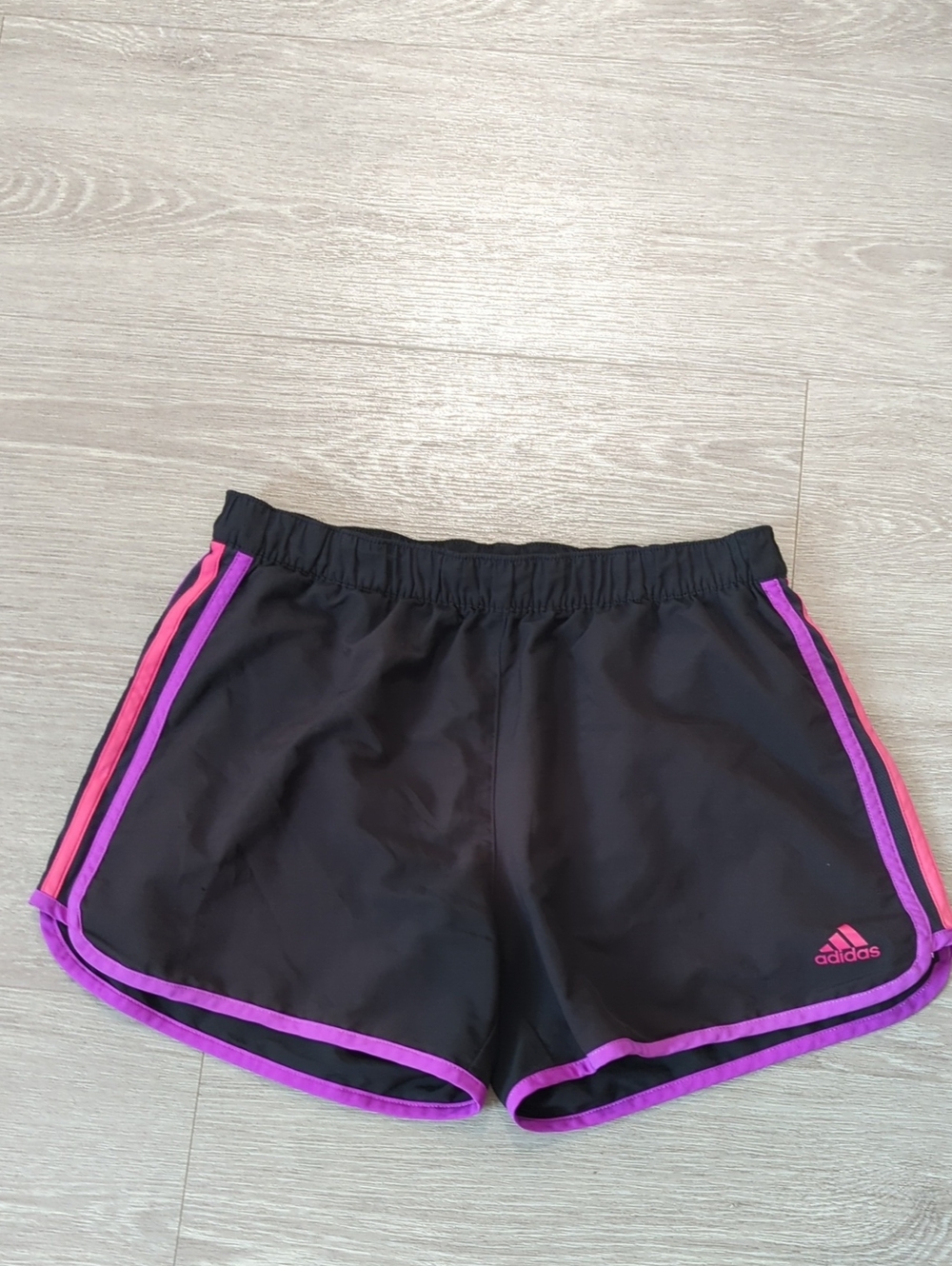 Women's Adidas Black Shorts with Pink Logo and Purple Trim Size Small
